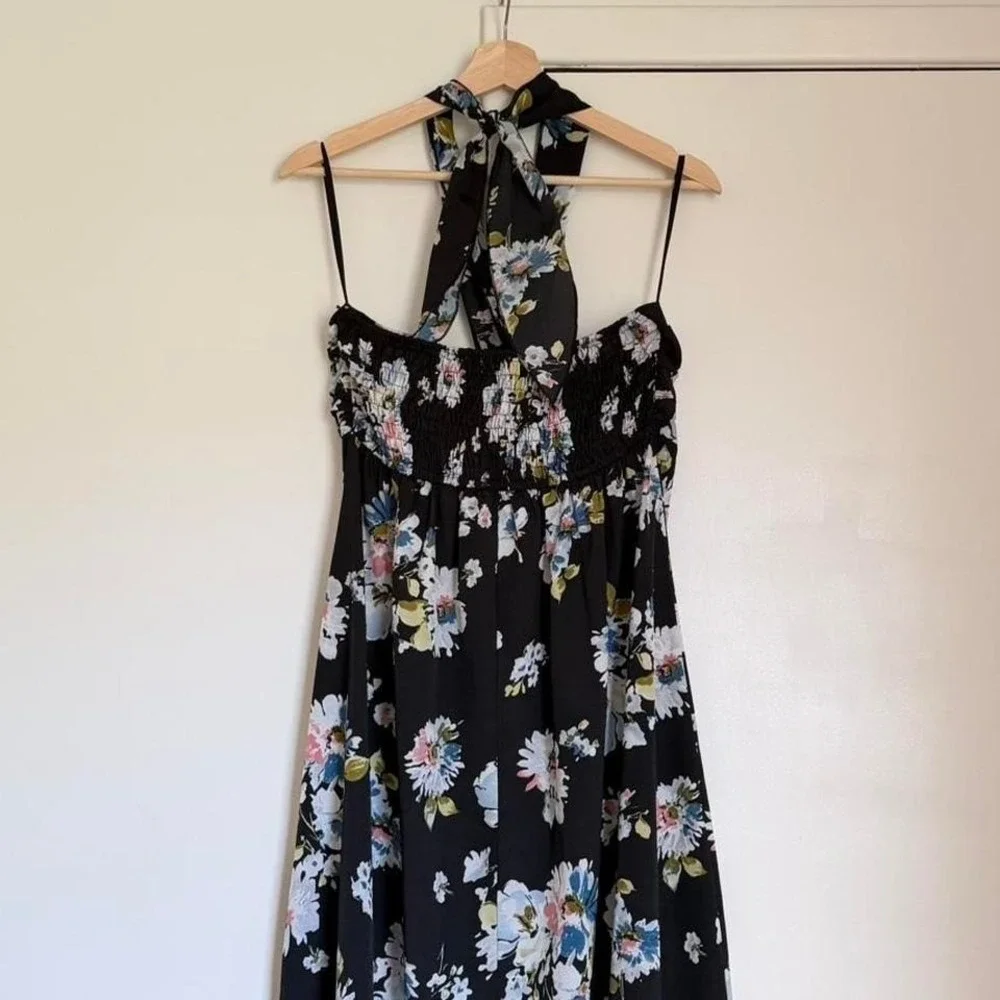 Black Floral Maxi Dress Halter Neck Cottagecore Vintage Style M